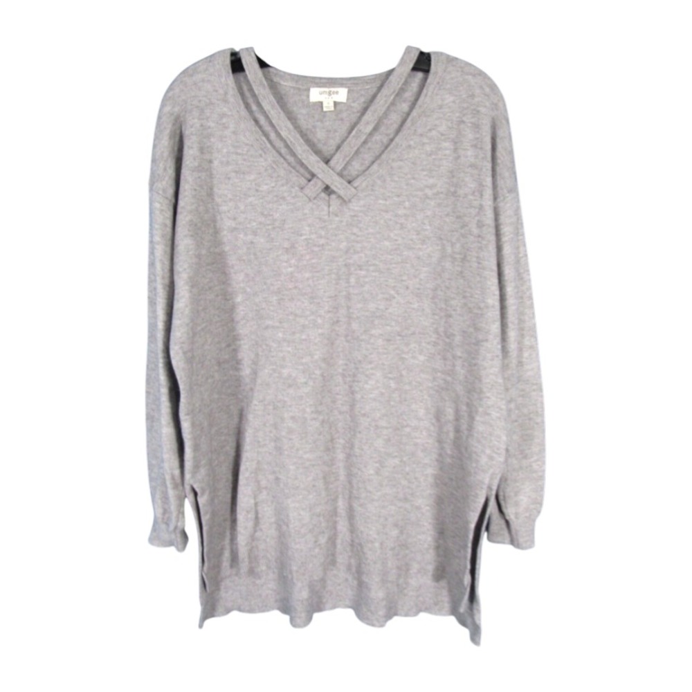 UMGEE Pullover Sweater GRAY Long Sleeve V-NECK Side Slit HIGH LOW Soft Knit sz S